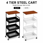 4 Tier Steel Kitchen Cart with Wooden Top & Wheels – Black / White