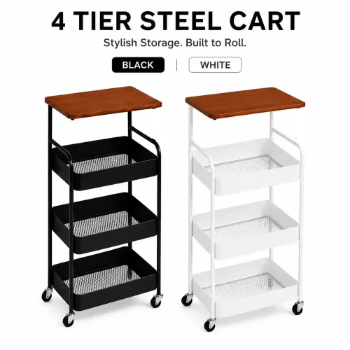 4 Tier Steel Kitchen Cart with Wooden Top & Wheels – Black / White
