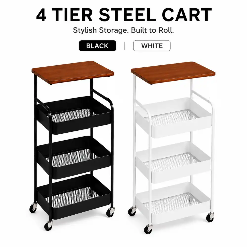 steel cart 4 Tier Steel Kitchen Cart with Wooden Top & Wheels – Black / White - Image 1