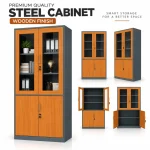 Wooden Finish Lockable Steel Storage Cabinet with Glass Doors - Image 4