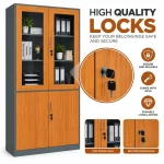 Wooden Finish Lockable Steel Storage Cabinet with Glass Doors - Image 6