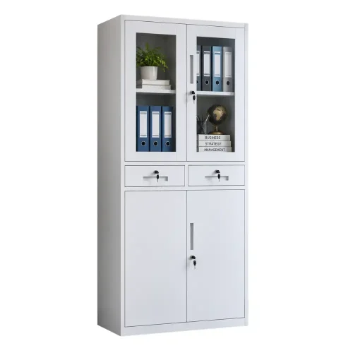 Lockable Steel Office Storage Cabinet with Glass Doors & Drawers