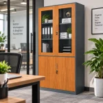 Wooden Finish Lockable Steel Storage Cabinet with Glass Doors - Image 7