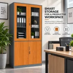 Wooden Finish Lockable Steel Storage Cabinet with Glass Doors - Image 5
