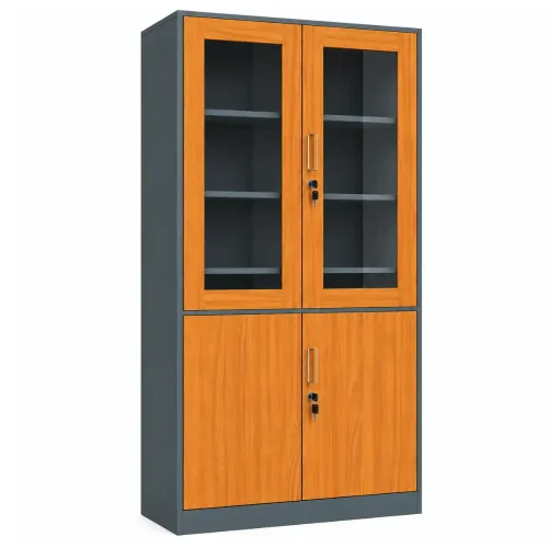 Wooden Finish Lockable Steel Storage Cabinet with Glass Doors