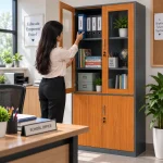 Wooden Finish Lockable Steel Storage Cabinet with Glass Doors - Image 3
