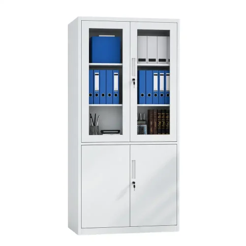 Dual-Section Lockable Steel Storage Cupboard with Glass Doors