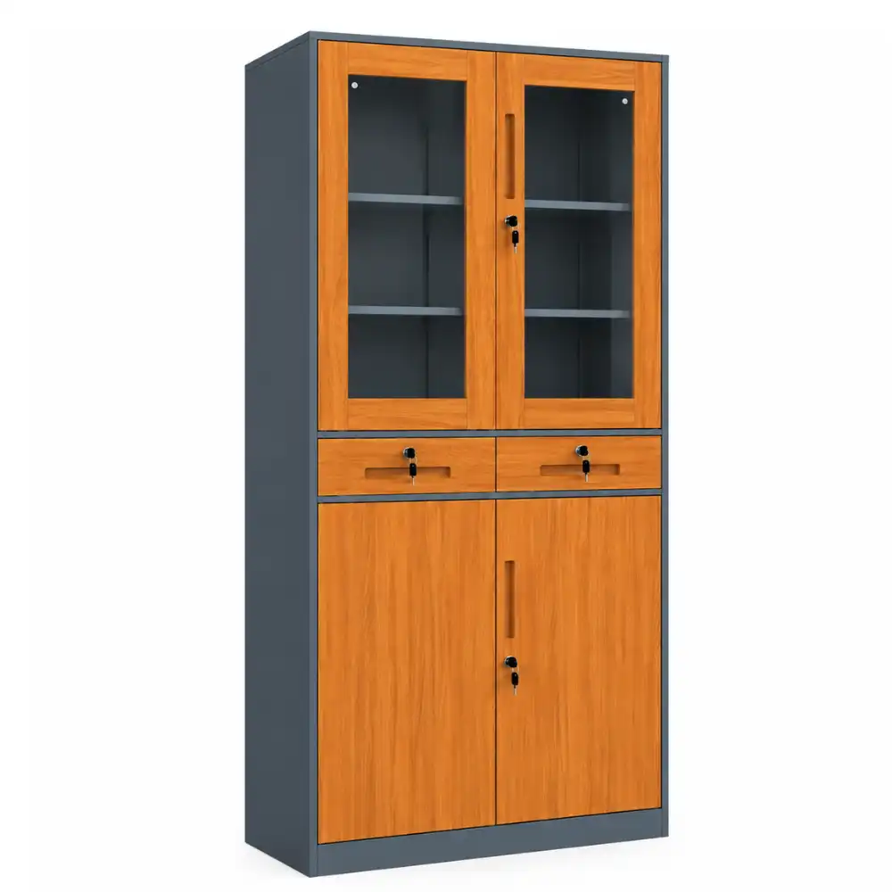 cabinet Executive Wooden Finish Steel File Cabinet with Glass Doors & Drawers - Image 1