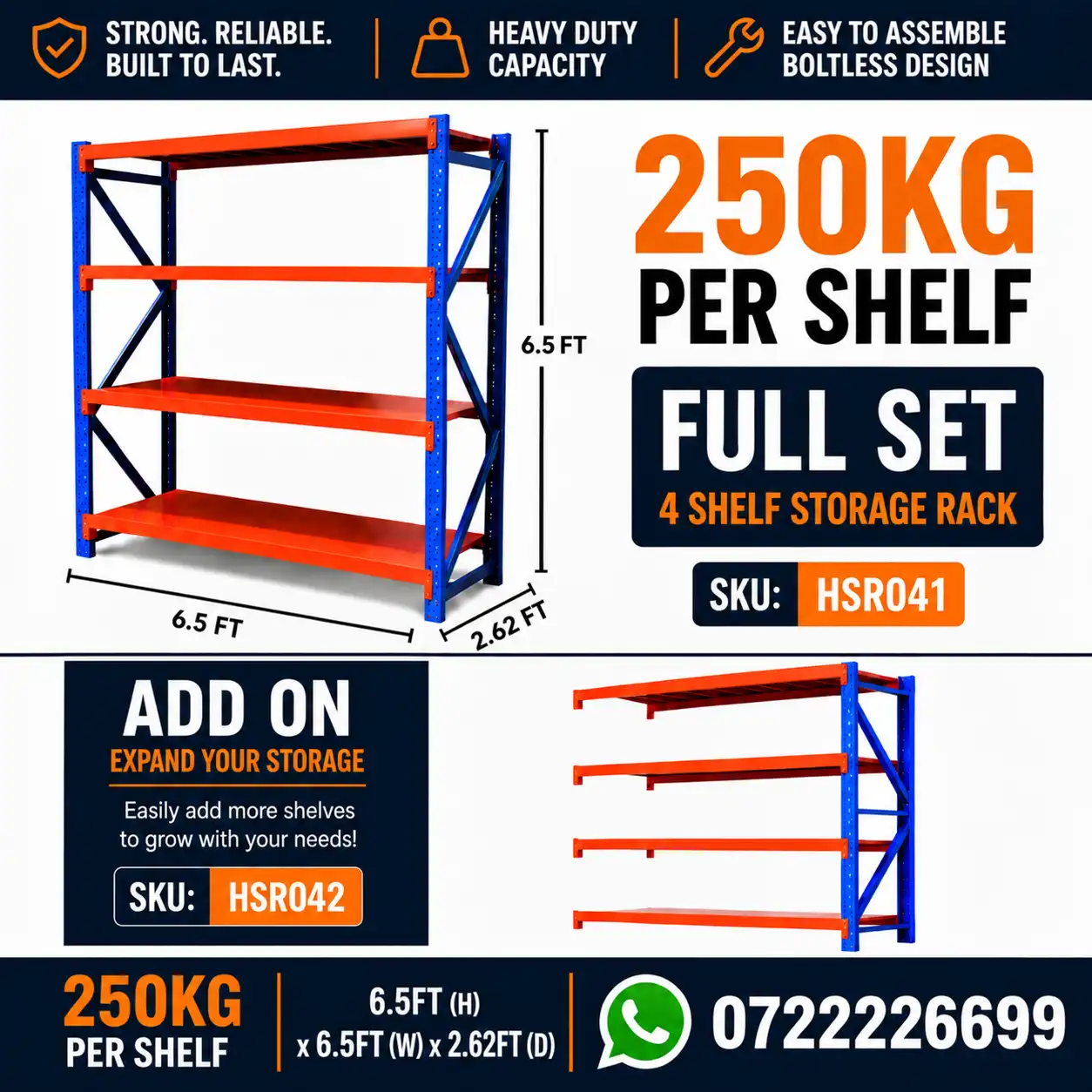 250KG Heavy-Duty Storage Rack HSR041, 42 4 Tier Heavy Duty Adjustable Steel Storage Rack – 250KG Per Shelf - Image 1