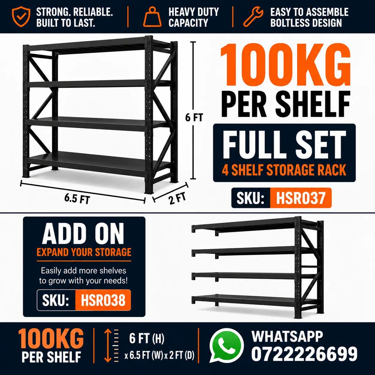 Warehouse Storage Rack Sri Lanka 4 Shelf Black Warehouse Storage Rack – 100KG Per Shelf | Adjustable Steel Shelving - Image 1